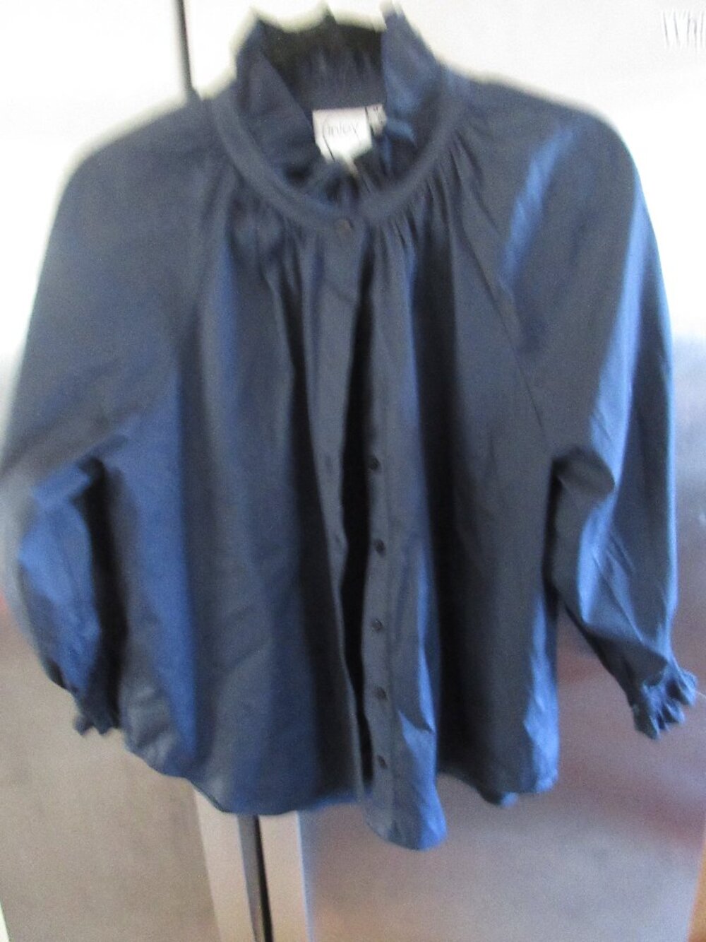 finley artsy ruffle blouse shirt m navy cotton blend
